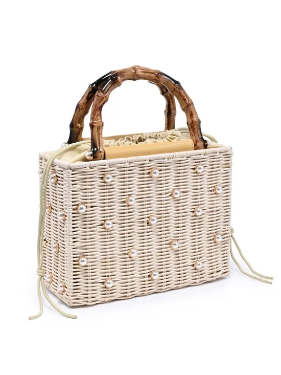 Maxie Evening Women’s Pearl-Embellished Wicker Top-Handle Bag in Cream - Picture 4 of 7